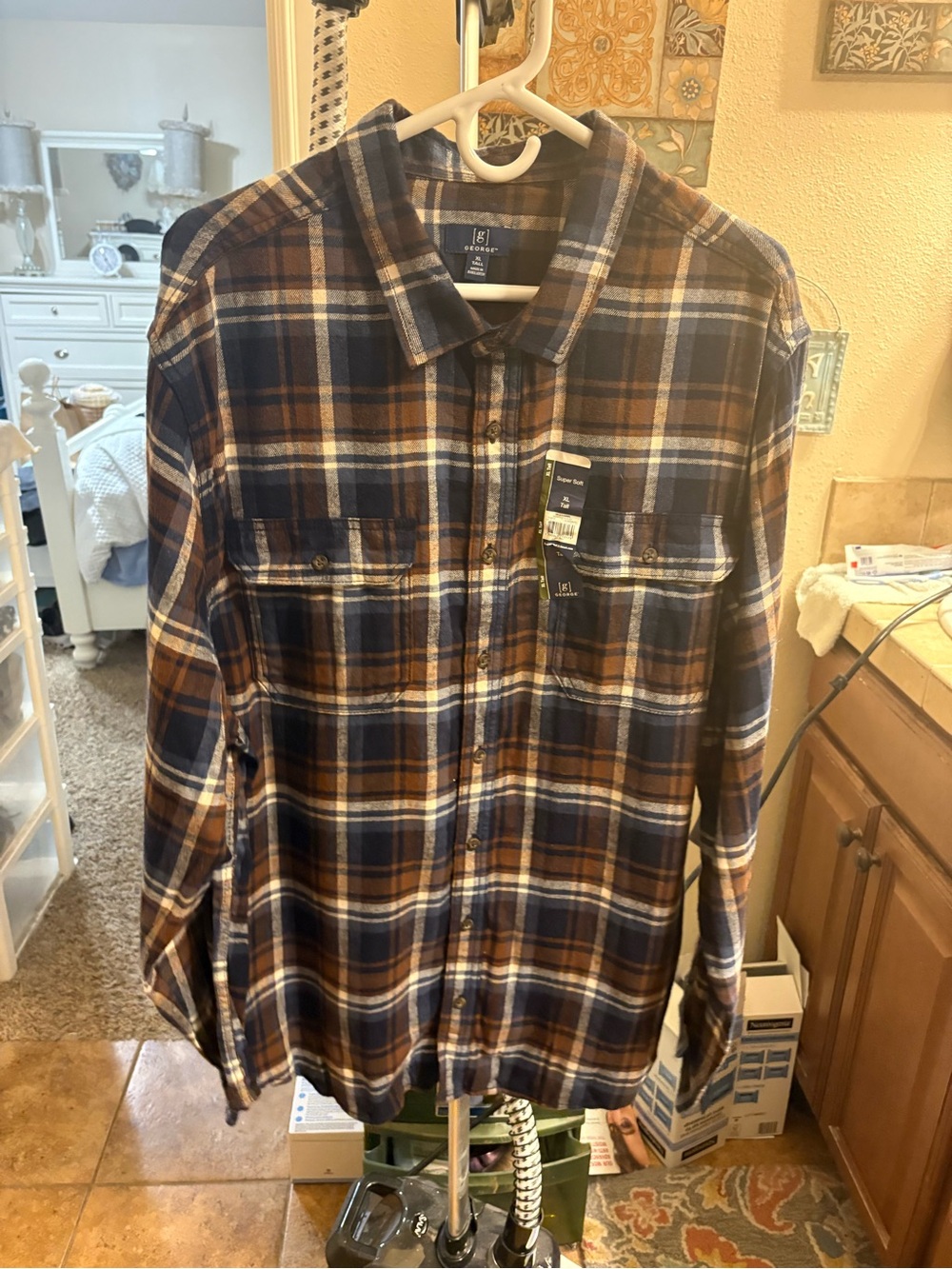 George Navy and Brown Plaid Button-Down Shirt with White Accents